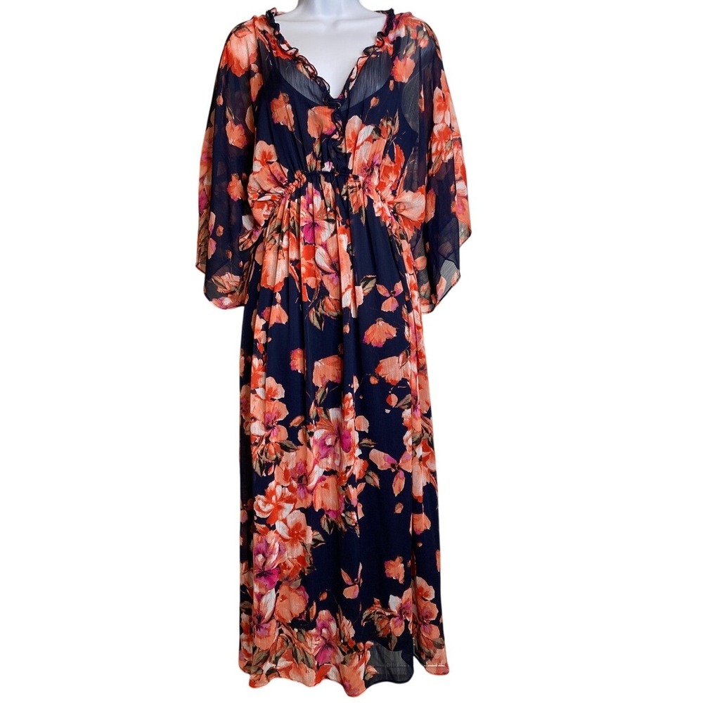 Curations Womens Navy Orange Floral Maxi Dress Size S Boho Cottagecore Romantic